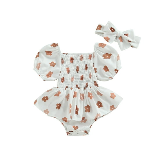 Wassery Infant Baby Girls Romper Dress Flower Print Short Puff Sleeve Ruched Jumpsuits 3M 6M 12M 18M Newborn Girl Summer Bodysuits with Headband
