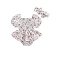 thumbnail image 1 of Wassery Infant Baby Girls Romper Dress Flower Print Short Puff Sleeve Ruched Jumpsuits 3M 6M 12M 18M Newborn Girl Summer Bodysuits with Headband, 1 of 8