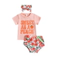 thumbnail image 1 of Wassery Infant Baby Girls Summer Outfits Letter Print Short Sleeve T-shirt and Peach Print Elastic Shorts Headband 3Pcs Set, 1 of 9