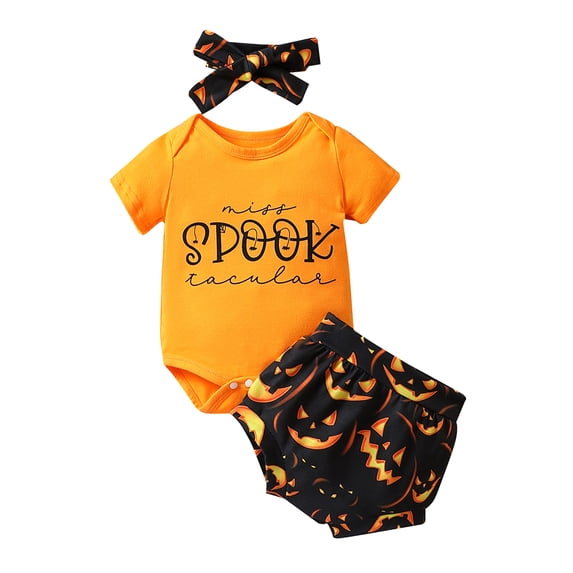 Wassery Infant Baby Halloween Jumpsuit Outfits Short Sleeve Letter Print Romper + Pumpkin Shorts Bow Headband 3M 6M 12M 18M 24M Newborn Clothes