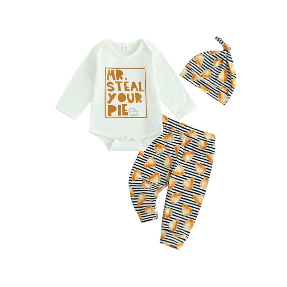 Wassery Infant Boy Fall Outfits Set 3M 6M 12M Baby Boys 3 Pcs Halloween Clothes Set Long Sleeve Crew Neck Letter Print Romper Pie Print Stripe Long Pants Hat