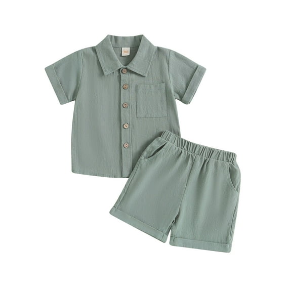 Wassery Infant Boys Summer Outfits 6M 12M 18M 24M 3T 4T Toddler Boys Clothes Sets Solid Color Buttons Short Sleeve Crew Neck T-Shirts and Elastic Waist Shorts 2Pcs 0-4Y