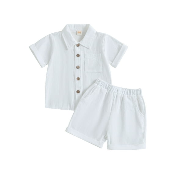 Wassery Infant Boys Summer Outfits 6M 12M 18M 24M 3T 4T Toddler Boys Clothes Sets Solid Color Buttons Short Sleeve Crew Neck T-Shirts and Elastic Waist Shorts 2Pcs 0-4Y