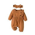 thumbnail image 1 of Wassery Infant Girl Jumpsuits Solid Color Ruffles Buttons Crew Neck Long Sleeve Rompers Newborn Bodysuits with Headband Baby Fall Cute Playsuits 0-6 M, 1 of 7
