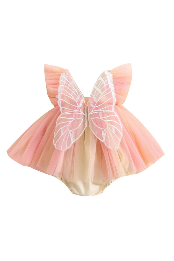 Infant Girl Romper Dress Embroidery Butterfly Wing Fly Sleeve Rainbow Color Tulle Skirt Hem Jumpsuits 3-24 Months Newborn Costumes Birthday Party