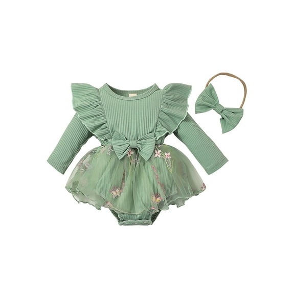 Wassery Infant Girl Rompers Dress Newborn Girls Bodysuits Rib Knit Butterfly Flower Embroidery Skirt Hem Jumpsuits with Headband 3M 6M 12M 18M