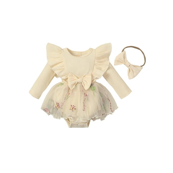 Wassery Infant Girl Rompers Dress Newborn Girls Bodysuits Rib Knit Butterfly Flower Embroidery Skirt Hem Jumpsuits with Headband 3M 6M 12M 18M