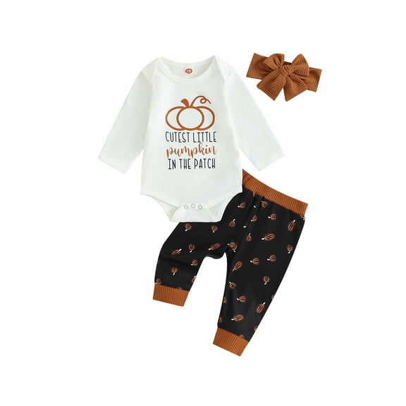 Wassery Infant Girls 3Pcs Halloween Outfits 3M 6M 12M 18M Baby Girls Fall Halloween Clothes Set Long Sleeve Letter Print Romper Bodysuits   Pumpkin Pants   Bow Headband