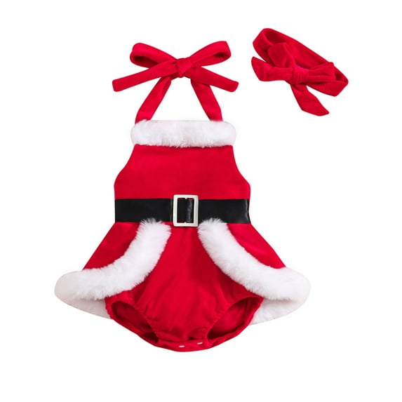 Wassery Infant Girls Christmas Romper Newborn Girl Sleeveless Contrast Colors Halterneck One Piece Jumpsuit + Headband Christmas Onesie Bodysuit Clothes for Baby Girls