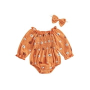 Wassery Infant Newborn Baby Girl Clothes Halloween Outfits Pumpkin Print Jumpsuit Long Sleeve Cotton Linen Romper + Bow Headband 0-24 Months