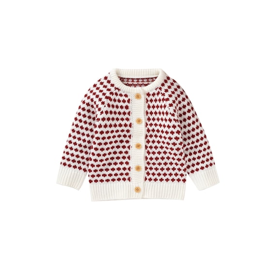 Wassery Infant Spring Autumn Knitted Cardigan Baby Boys Girls Round Collar Long Sleeve Dot Print Single-breasted Sweaters Cardigan Casual Thick Knitwear Outwear Tops 0-18 Months