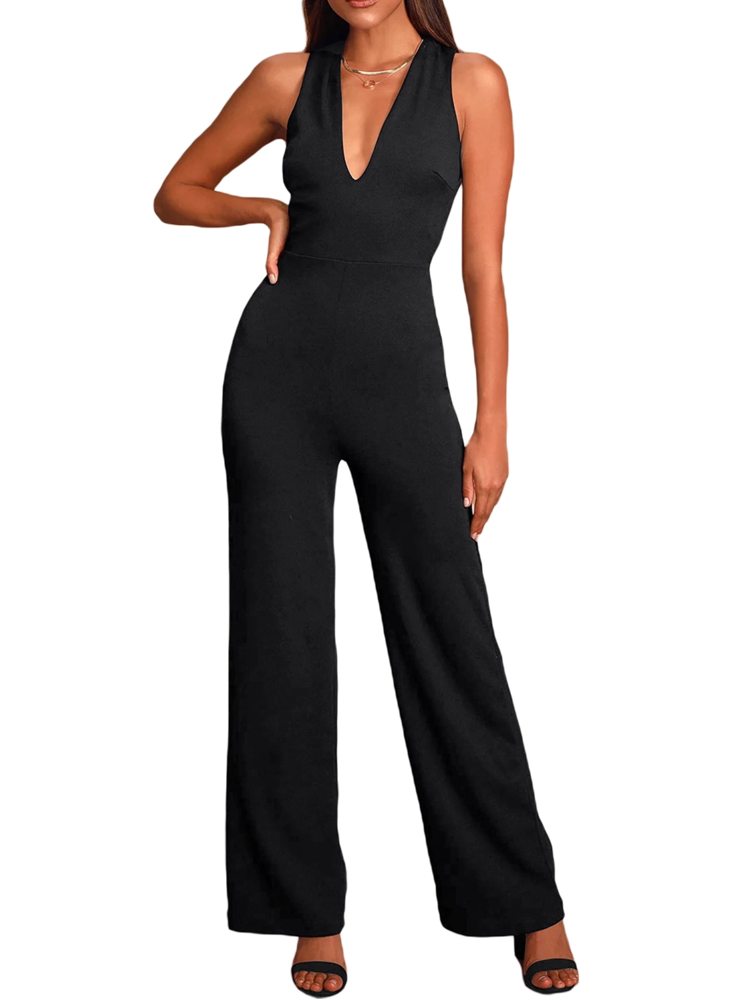 Side Vents With Wide Legs V-Neck Backless Jumpsuits Side Vents With Wide Legs V-Neck Backless Jumpsuits
