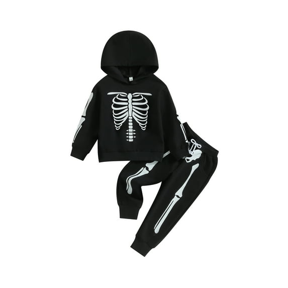Wassery Kid Boys and Girls Halloween Outfit Long Sleeve Pumpkin/Skeleton Print Hood Sweatshirt Long Pants Little Boys Girls Fall Casual Clothes Set