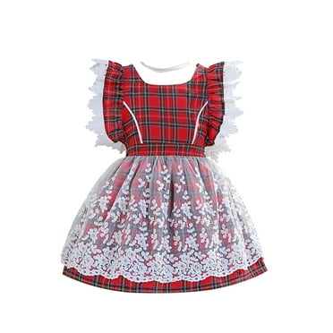 Wassery Kid Girl Christmas Dress Toddler Fall Princess Dress Flying Sleeve Embroidery Plaid Tulle Patchwork  A-Line Dress 3T 4T 5T 6T 7T 8T Little Girls Christmas Festival Costume