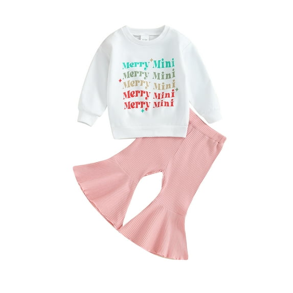 Wassery Kid Girl Christmas Outfits Clothes 6M 12M 18M 24M 3T 4T Little Girls Long Sleeve Letters Print Sweatshirt +Flare Pants Set 2Pcs Christmas Holiday-themed Clothing for Toddler Girls