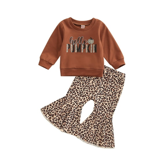 Wassery Kid Girls Autumn Pullover Sweatshirt Outfits Set 6M 12M 18M 24M 3T 4T Toddler Long Sleeve Round Neck Letters Print Loose Tops + Long Leopard Bell-Bottoms Trousers Baby Girls Clothes