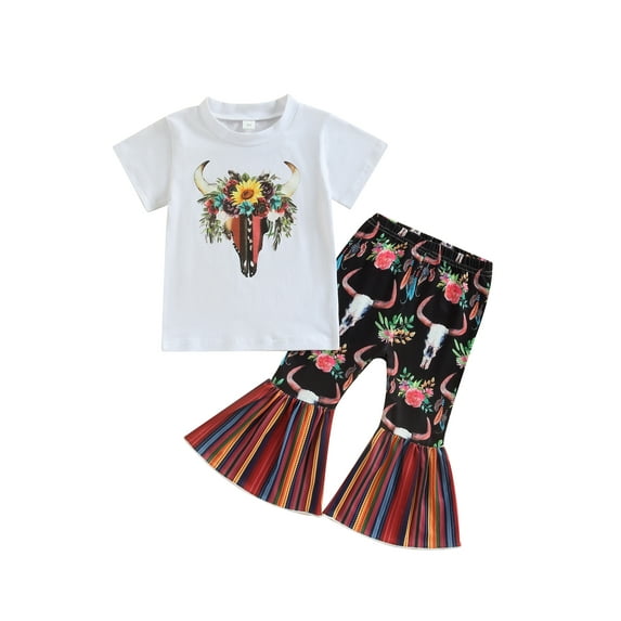 Wassery Kid Girls Pants Set 6M 12M 18M 24M 3T 4T 5T Toddler Girls Summer Clothes Set Short Sleeves Round Neck Bull Print Tops + Long Bell-Bottomed Pants 0-5T
