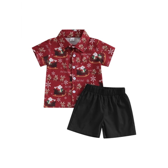 Wassery Kids Boys Christmas Gentleman Clothes Set 1T 2T 3T 4T 5T Little Boys Santa Claus Printed Short Sleeve Button Shirt + Solid Color Shorts Set 2PCS Christmas Clothing Outfits for Toddler Boys