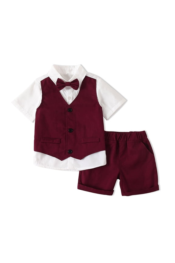 Kids Boys Gentleman Clothes Outfits Patchwork Bowtie Short Sleeve Blazer Waistcoat Shirts Solid Color Shorts 2Pcs Suit 6M-5T
