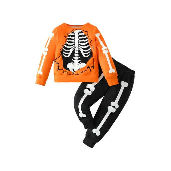 Wassery Kids Boys Girls 2Pcs Halloween Outfits Halloween Festival Costume Long Sleeve Skeleton Print Sweatshirt + Pants Set Toddler Fall Clothes 2-7 Years