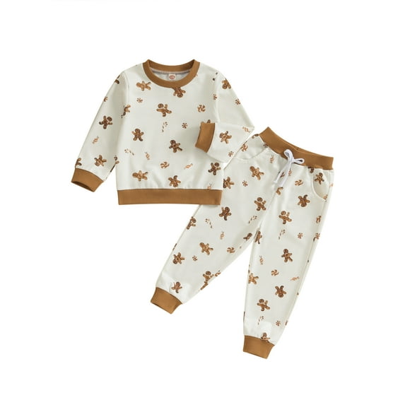 Wassery Kids Boys Girls Christmas Outfits Set Long Sleeve Gingerbread Man Print Long Pants 3T 4T 5T 6T 7T Toddler 2Pcs Fall Winter Christmas Clothes