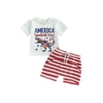 thumbnail image 1 of Wassery Kids Boys Girls Short Sets 2Pcs 4th of July Toddle Independence Day Outfits Dinosaur Print Short Sleeve Crew Neck T-shirt and Solid/Striped Shorts Summer Casual Clothes 0-3T, 1 of 8