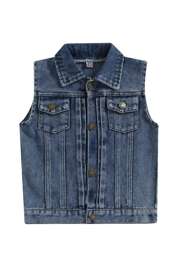 Kids Boys Sleeveless Denim Jacket Girls Turn-down Collar Button Jean Vest Toddler Waistcoat Outerwear for Girls Boys 3-7 Years