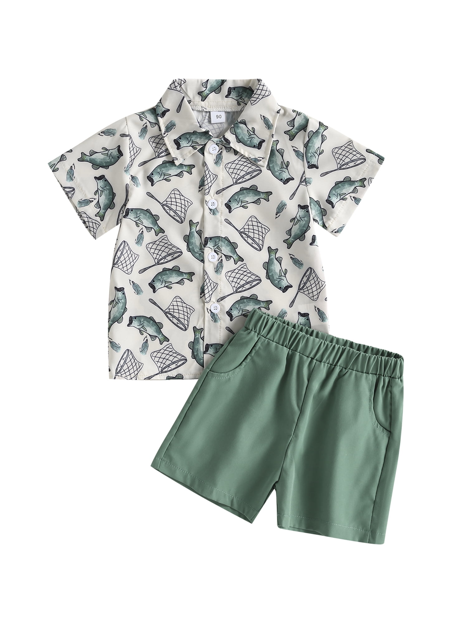 Wassery Kids Boys Summer Clothes Shorts Set Fish Print Shirt Short Sleeve Button Up Lapel Tops +Shorts 2pcs 1T 2T 3T 4T 5T 6T Toddle Boys Hawaiian