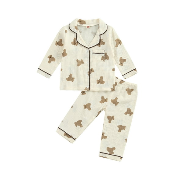 Wassery Kids Casual Pajama Set Bear Printed Long Sleeve Front Pocket Lapel T-shirt Tops+Printed Long Pants 1 2 3 4 5 6 Year Little Girls Boys Homewear Sleepwear