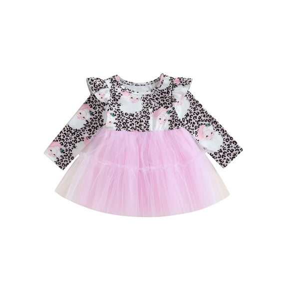 Wassery Kids Girl Christmas Dress Little Girls Santa Print Flying Sleeve Round Neck A-Line Tulle Patchwork Dress 12M 18M 24M 3T 4T 5T Toddler Girls Christmas Costume
