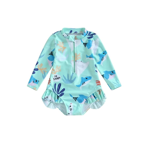 Wassery Kids Girl One Piece Swimsuit 9M 12M 18M 2T 3T 4T 5T Toddler Baby Girl Sea Animal Print Rash Guard Swimwear Summer Long Sleeve Zipper Ruffles Jumpsuit Beachwear