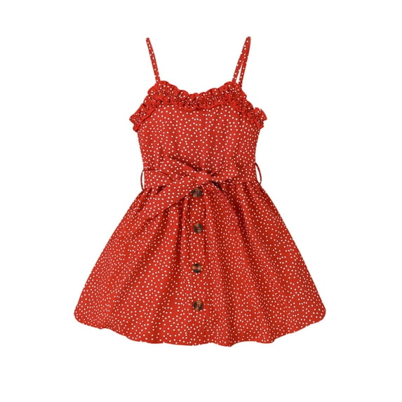 Wassery Kids Girl Summer Dress 4T 5T 6T 7T Little Girl Sumdress Sleeveless V Neck Dots Print Button Front Belted Dress 4-7T