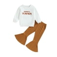 thumbnail image 1 of Wassery Kids Girls 2PCS Halloween Clothes Toddler Girls Fall Outfits Set Long Sleeve Letter Print Sweatshirt Solid Color Flared Pants 3-8 Years, 1 of 8