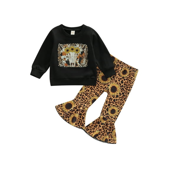 Wassery Kids Girls Autumn Outfit Set 6M 12M 18M 24M 2T 3T 4T Toddler Baby Long Sleeve Round Neck Kids Bull Print Tops + Casual Floral Bell-Bottoms Infant Cowgirls Western Clothes