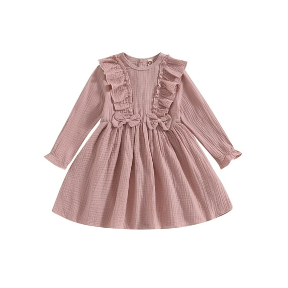 Wassery Kids Girls Casual Dress Solid Color Crewneck Long Sleeve Dress Pleated Ruffle A-line Dress Toddler Fall Fashion Princess Dress 3T-7T