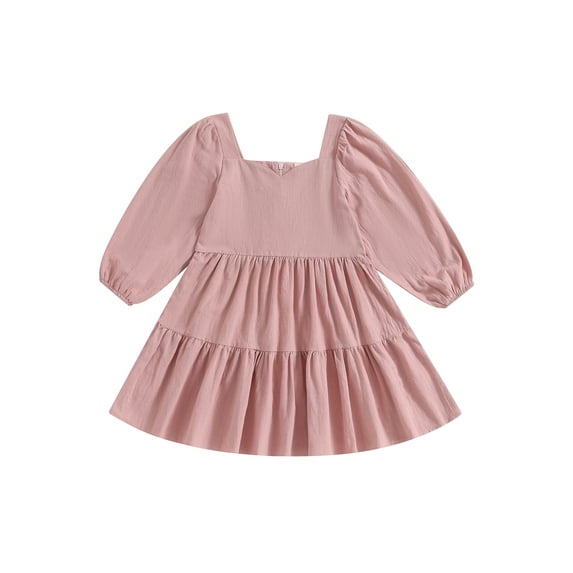 Wassery Kids Girls Casual Dress Solid Color Square Neck Long Sleeve Dress Pleated A-line Dress Toddler Fall Fashion Princess Dress 3T-8T