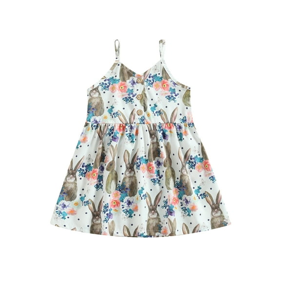 Wassery Kids Girls Dress Easter Clothes Outfit Floral Bunny Print Sleeveless V-Neck Straps A-Line Party High Waist Dress Summer Pleated Sundress 2-7T