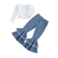 thumbnail image 1 of Wassery Kids Girls Fall Outfits Clothes 4T 5T 6T 7T Child Girls Solid Color Ribbed Boat Neck Long Sleeve T-Shirts Tops Flare Jeans Denim Pants 2Pcs Little Girl Autumn Clothing Set, 1 of 9