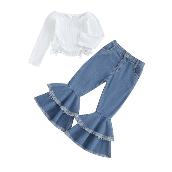 Wassery Kids Girls Fall Outfits Clothes 4T 5T 6T 7T Child Girls Solid Color Ribbed Boat Neck Long Sleeve T-Shirts Tops Flare Jeans Denim Pants 2Pcs Little Girl Autumn Clothing Set