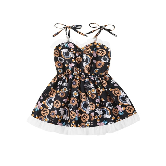Wassery Kids Girls Halloween Dress 3 4 5 6 7 Years Little Girls Summer A-line Dress Sleeveless Pumpkin Flower Print Slip Dress with Tulle Hem