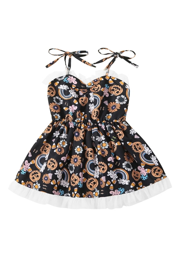 Kids Girls Halloween Dress 3 4 5 6 7 Years Little Girls Summer A-line Dress Sleeveless Pumpkin Flower Print Slip Dress with Tulle Hem