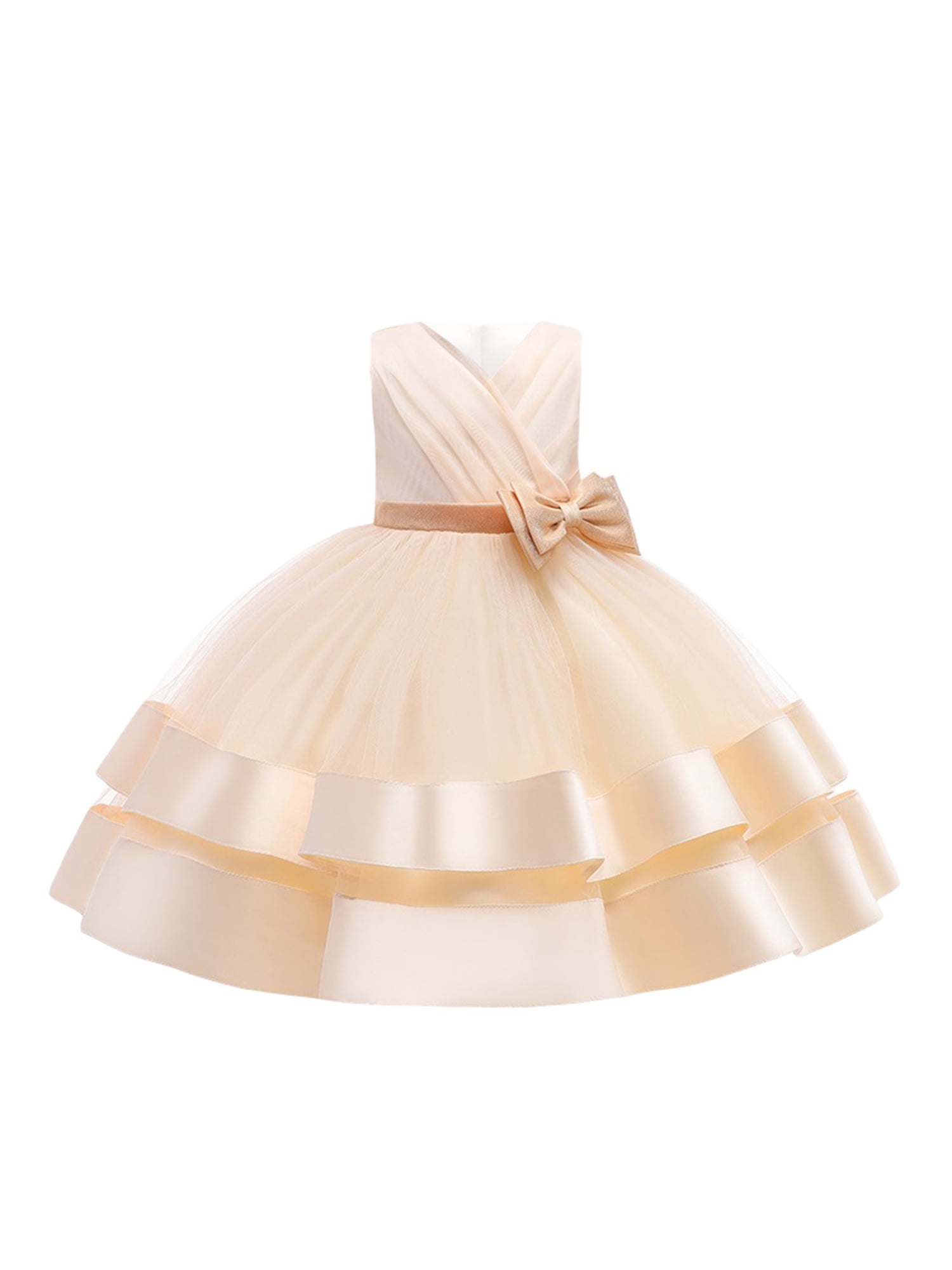 IDOPIP Flower Girl Dress - Long Tulle V-Neck Bowknot Pageant Gown For Wedding, Birthday, Party