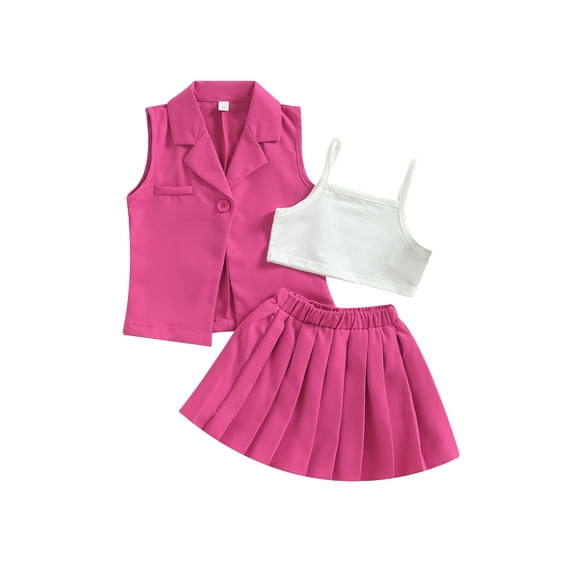 Wassery Kids Girls Skirt Suits Children Sleeveless Lapel Blazer Waistcoat + Hanging Neck Vest + Pleated A-Line Skirts Summer Clothes 3Pcs Sets 3-7T