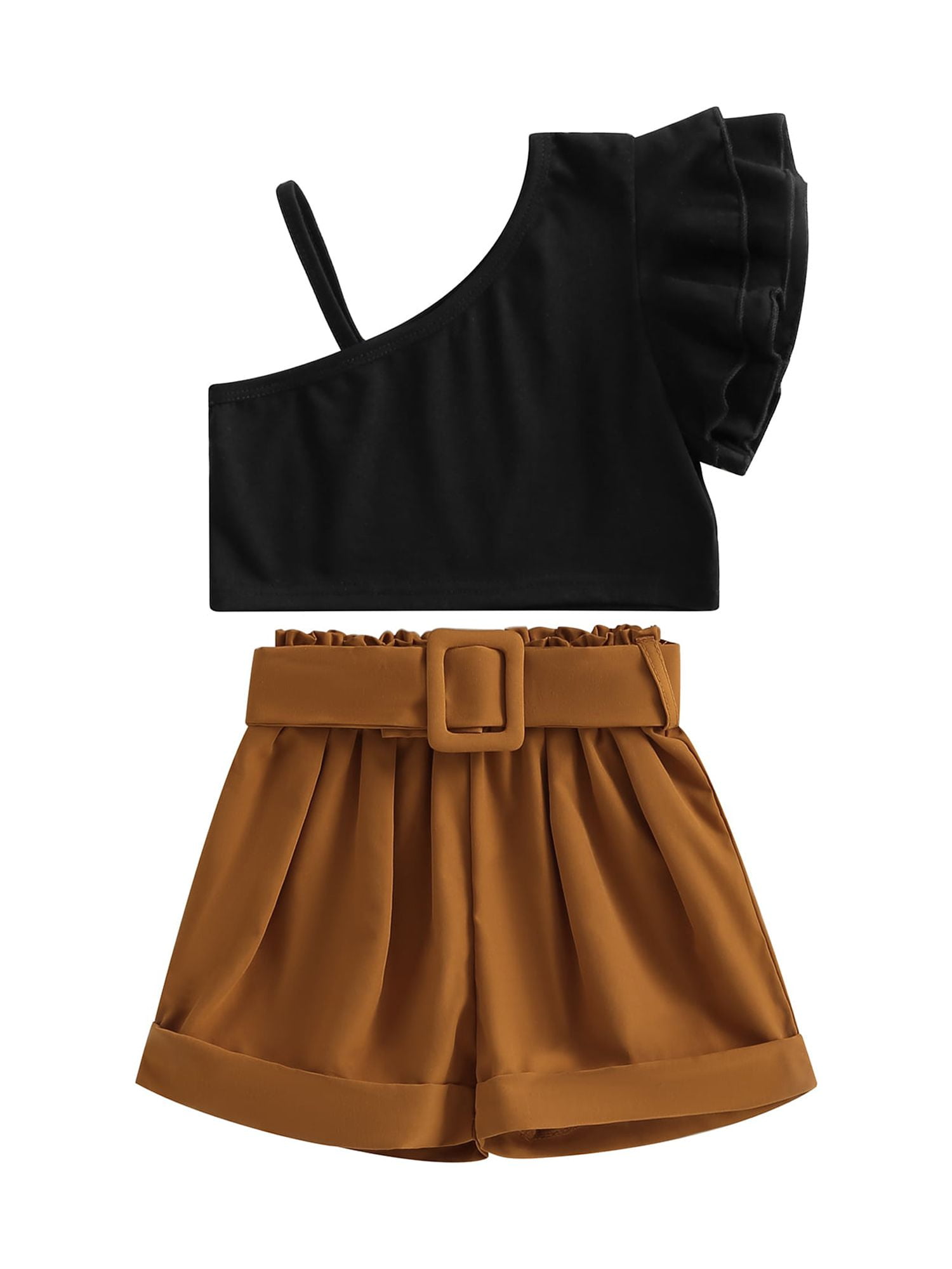 Wassery Kids Girls Summer Outfit Solid Color One Shoulder Flying