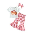 thumbnail image 1 of Wassery Kids Girls Summer Outfits Letter Print Short Sleeve Tops Crew Neck T-shirt with Plaid/ Rainbow Flare Long Pants Headbands  3Pcs Toddler Clothes Set 6M-5T, 1 of 8