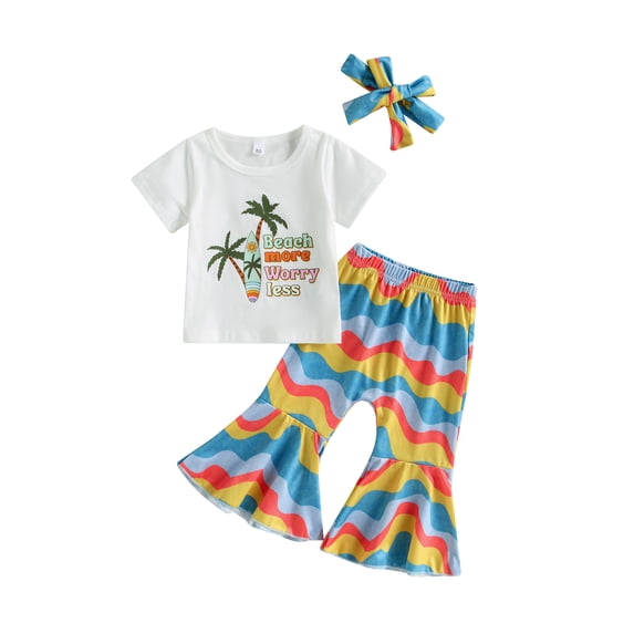 Wassery Kids Girls Summer Outfits Letter Print Short Sleeve Tops Crew Neck T-shirt with Plaid/ Rainbow Flare Long Pants Headbands 3Pcs Toddler Clothes Set 6M-5T