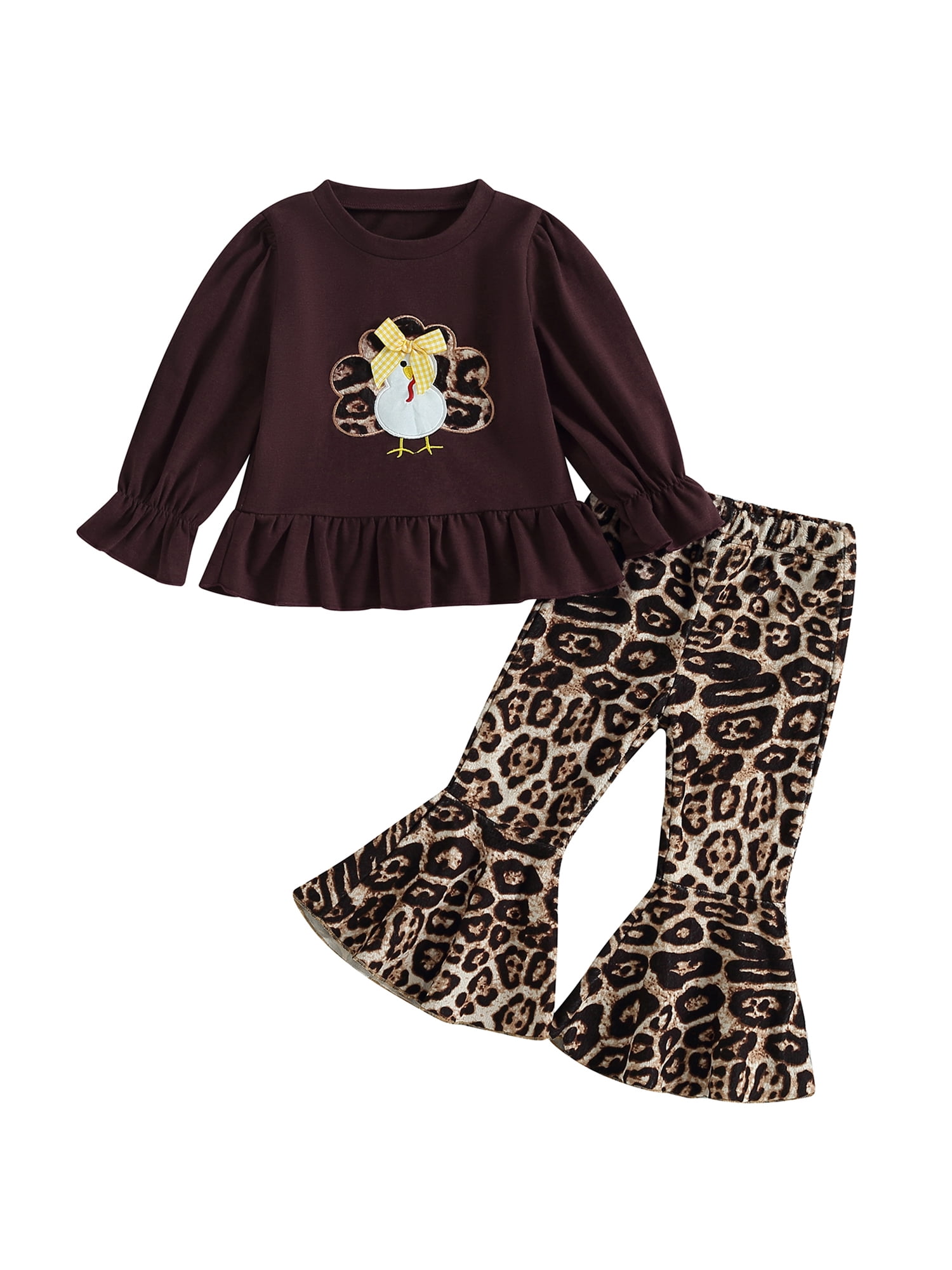 Thanksgiving Baby Girl Outfit Set - Turkey Print Sweatshirt & Bell Bottom Pants For Toddlers (6M-4Y)