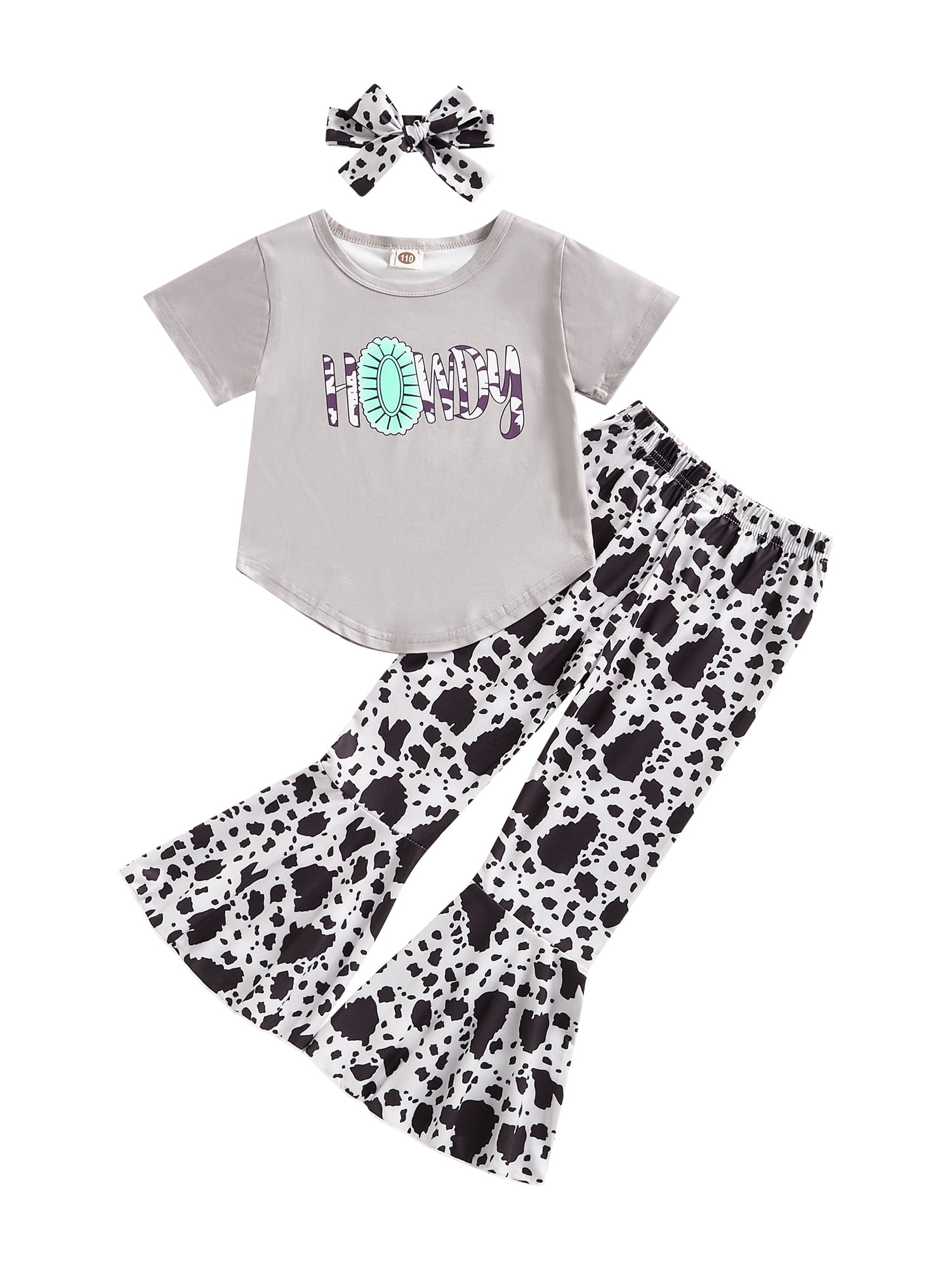 Wassery Kids Girls Western Clothes 4 5 6 7 8 9 Years Girl Summer Outfits Letter Short Sleeve T-Shirts Cow Print Print Flare Pants Headband 3Pcs Set