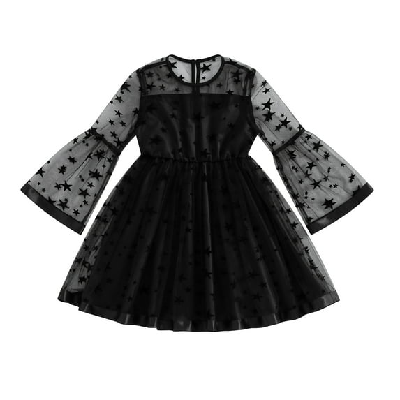 Wassery Kids Toddler Girl Spring Dress Child Girls Long Sleeve Crew Neck Sheer Mesh Star Black Dress 8T 9T 10T 11T 12T Big Girls Formal Princess Dress