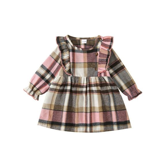 Wassery Little Girls Christmas Dress 6M 12M 18M 24M 3T 4T Toddler Girls Long Sleeve Crewneck Ruffle Decor Button Plaid Dress Autumn Casual A-line Dress for Kids Girl